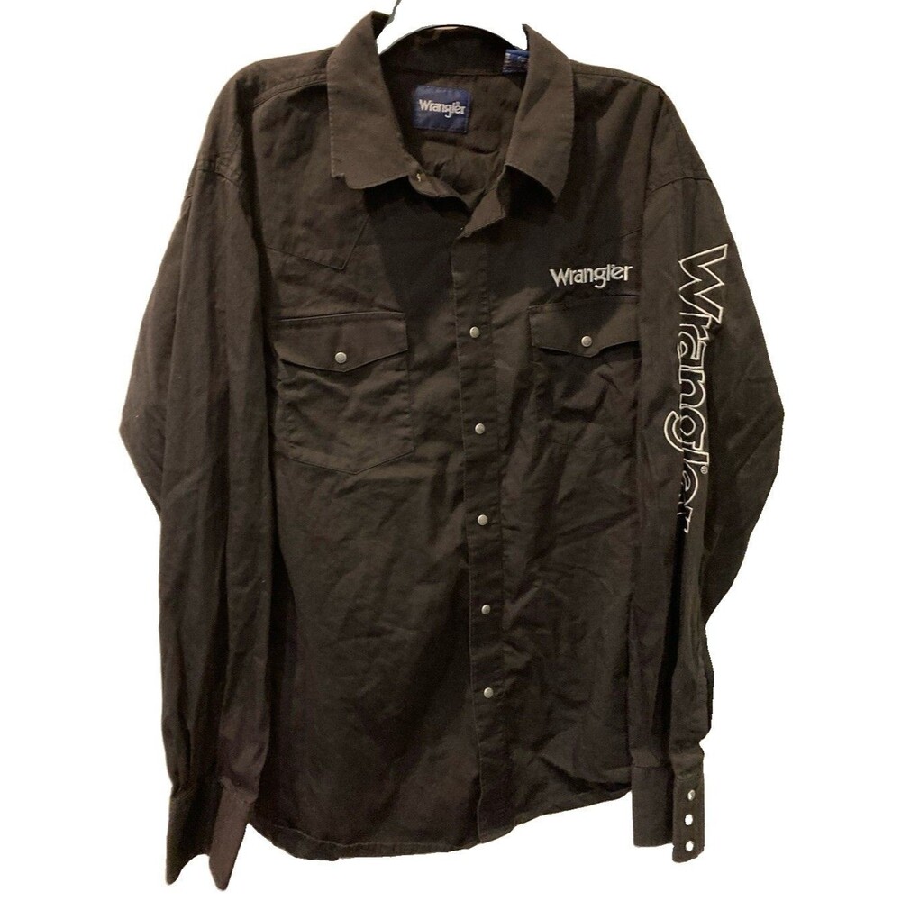 Men's VTG Wrangler Western Shirt L/S Black Silver Spellouts Pearl Snaps Size 2XL